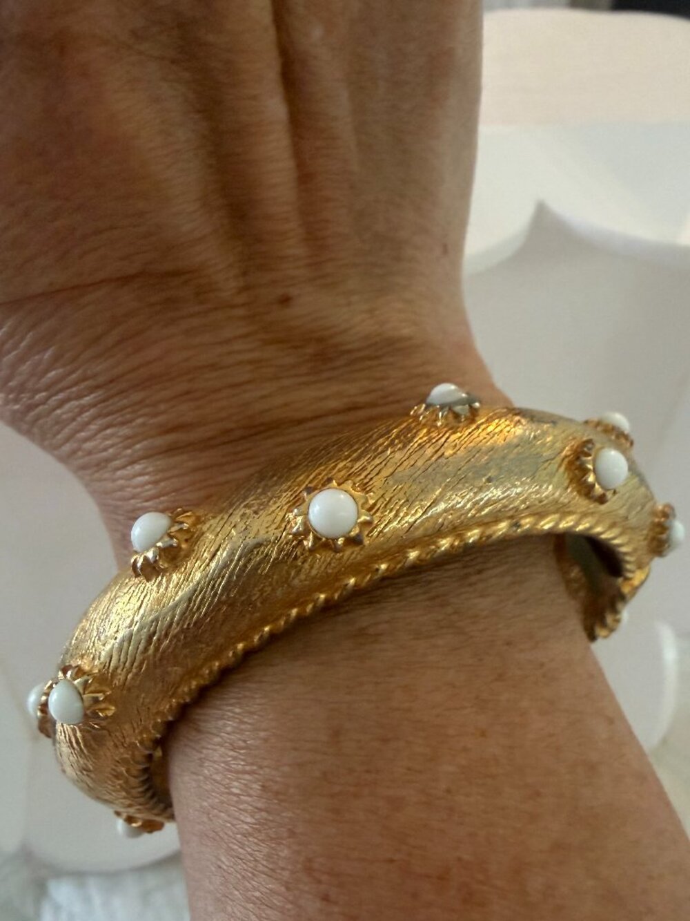 Vintage Signed Gold Tone and White Ballotine Hattie Carnegie Clamper Bracelet